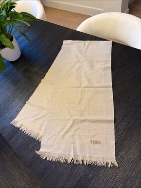 Authentic Fendi Light Beige/grey Monogram Fringe Scarf (approx. 164cm x 38cm)